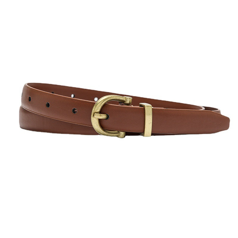 Cinto Feminino Fino Khaki – Couro PU com Fivela Dourada Retrô