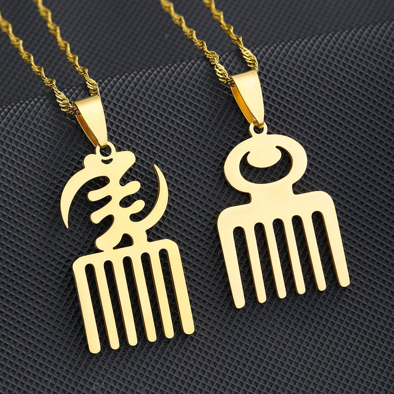 Colar Pingente Africano Adinkra – Símbolos Tradicionais em Aço Inox Dourado ou Prata
